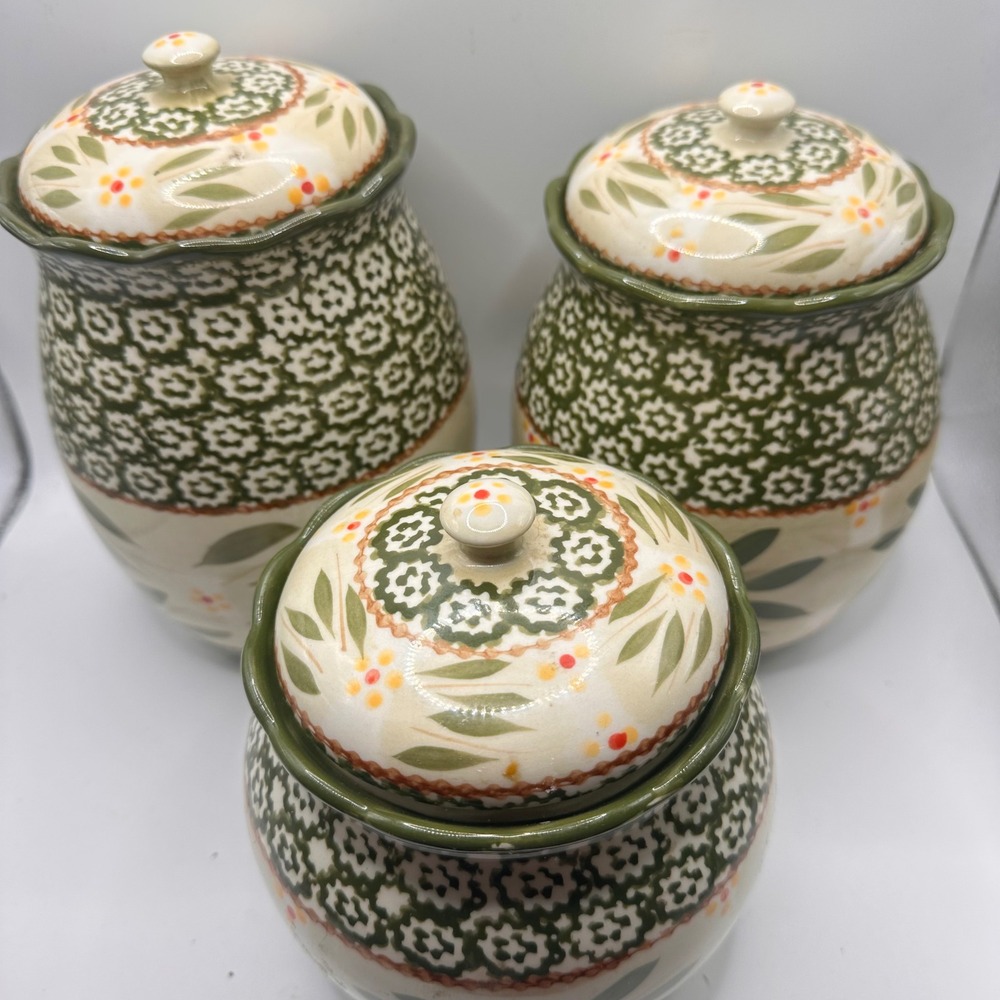 Temp-tations Old World Green Ceramic Canister Set 3pc Airtight Lids Floral
